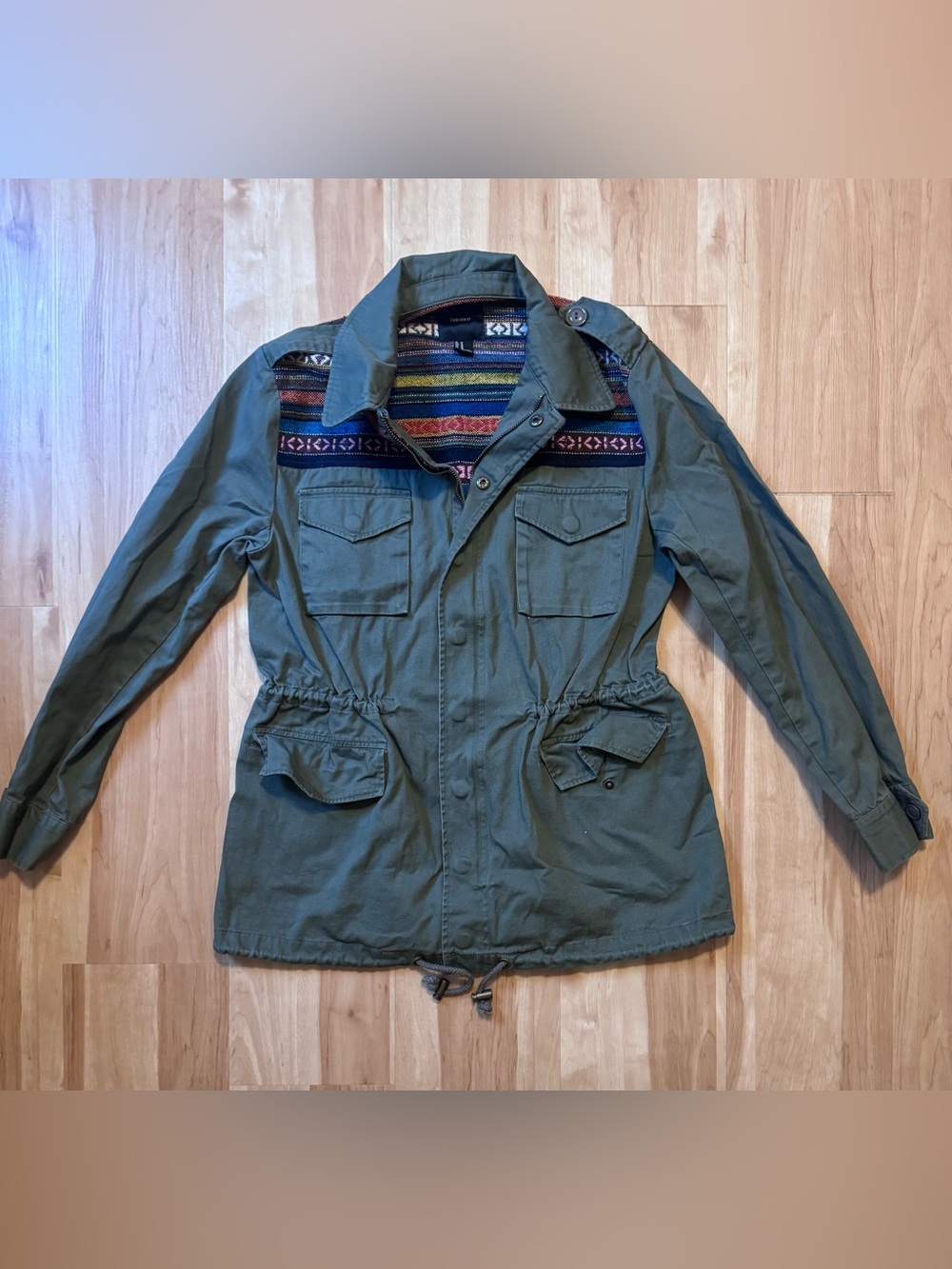 Forever 21 Olive Green Utility Anorak Jacket Boho Aztec Woven Back Panel Size M